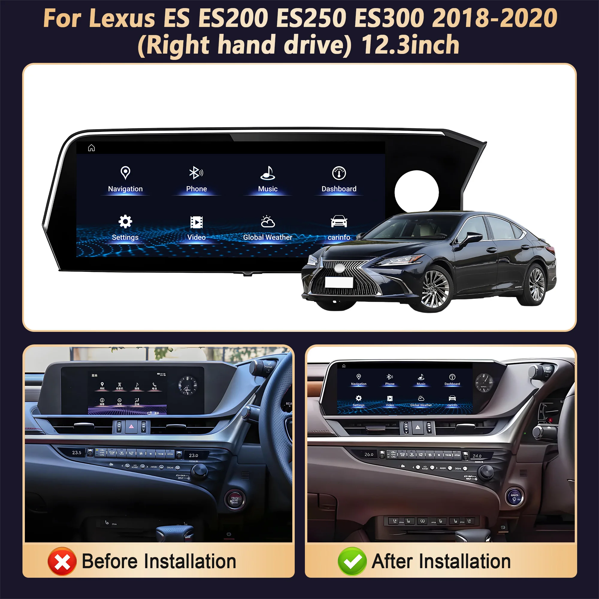 12.3 inch Right Hand Drive For Lexus ES ES200 ES250 ES300 2018-2020 Car Radio GPS Snapdragon 680 Android 14 Carplay Split Screen