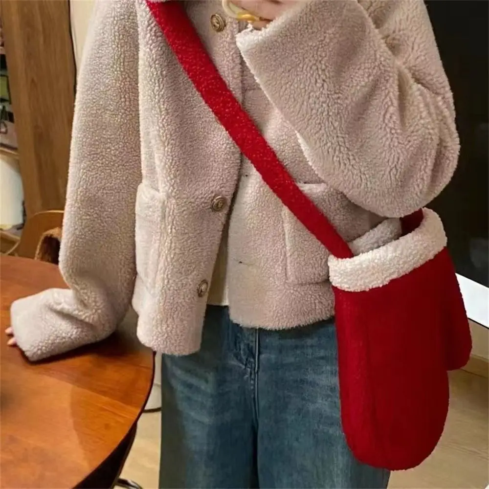 Novelty Plush Fur Shoulder Bag Red Christmas Gift Winter Gloves for Party