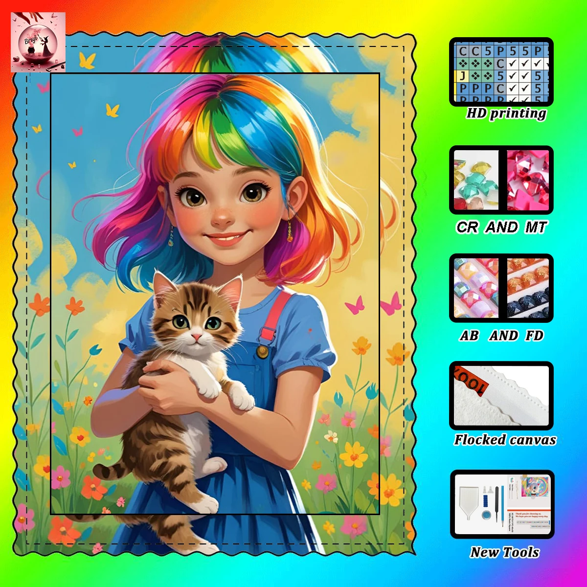 

【Bruji_ Diamond Art】Girl with colorful hair and a kit witch Rhinestone Crystal AB Rhinestone FD Rhinestone Perfect Resin Diamo