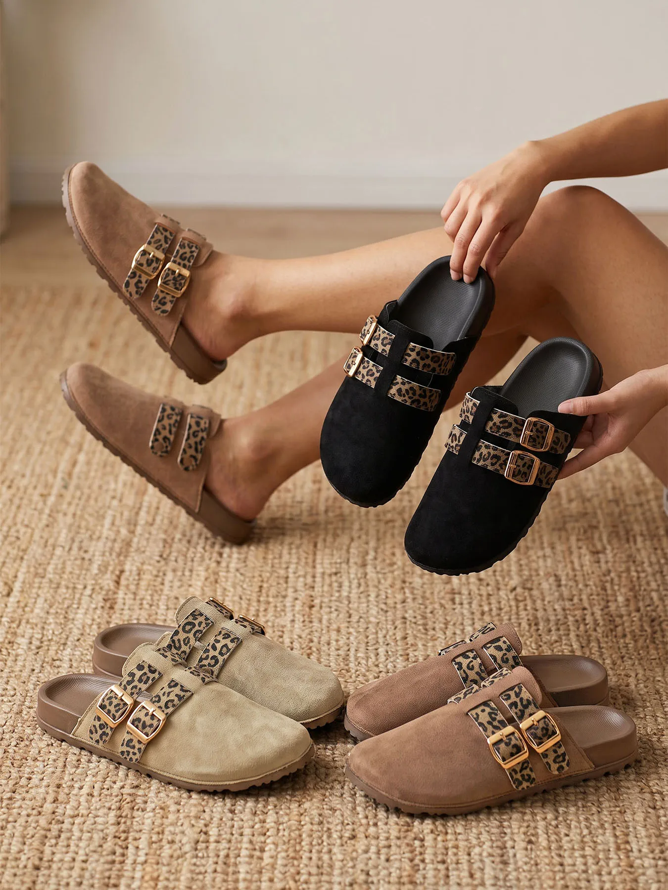Women's Leopard Print Double Buckle Suede Mules Clogs Closed Toe Soft Sole Plus Size All Seasons Casual Walking Shoes