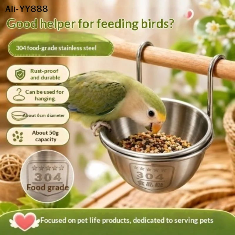 【Ay】1/2PCS Stainless Steel Bird Feeder Bowl Hanging Parrot Bath Cups Stable Locking Food Water Dish For Budgie Cockatiel Cage