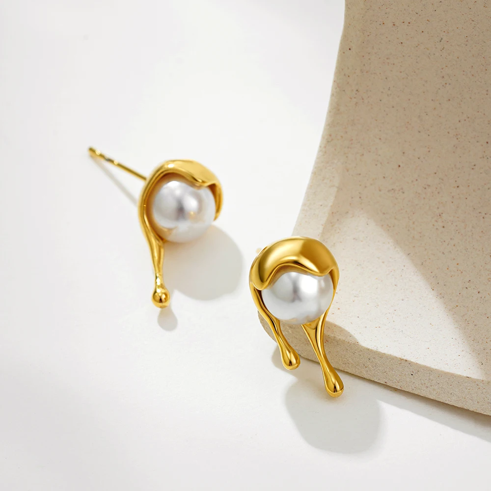 Unique Design Irregular Molten Droplets Pearl Stud Earrings Stainless Steel Metal Waterdrop Earring Trendy Jewelry for Women