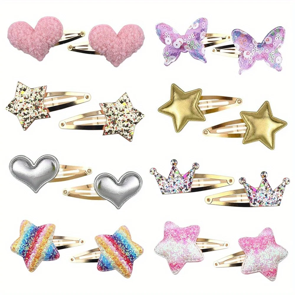 16pcs Hair Clips for Girls Assorted Shaped Barrettes And Pins - Star Crown Heart Butterfly Metal Snap Hair Accessories