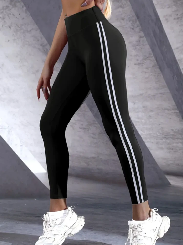 Women's High-Waisted Slim Fit Athletic Leggings with Side Stripes, Casual Sports Pants for Everyday Fitness, Crop Running Tights