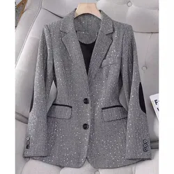 Grey Stitching Plaid Sequined Blazer Women's Spring and Autumn 2024 New Single-Breasted Fashion Elegant Professional Suit Jacket