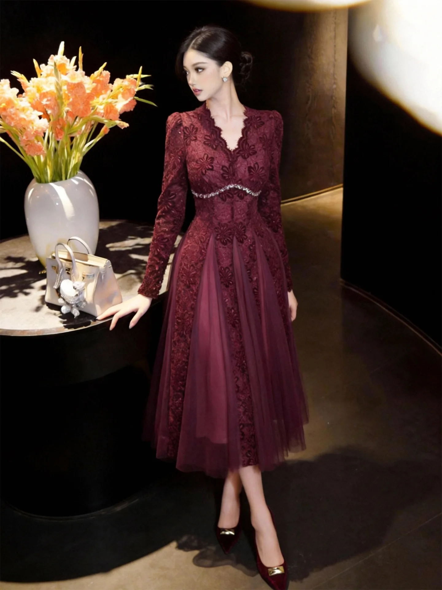 Elegant Smoky Purple Lace Dress Adcc