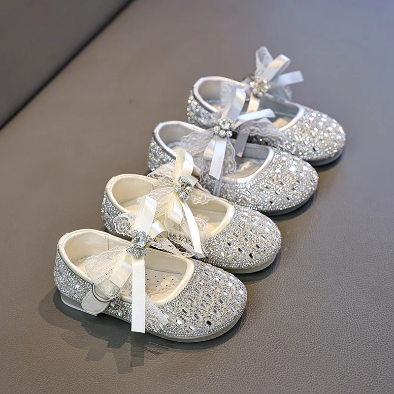 

Spring Autumn New Girl Party Dress Shoes Luxury Rhinestone Kids Princess Mary Jane Shoes Perform Non-slip Children Leather Shoes