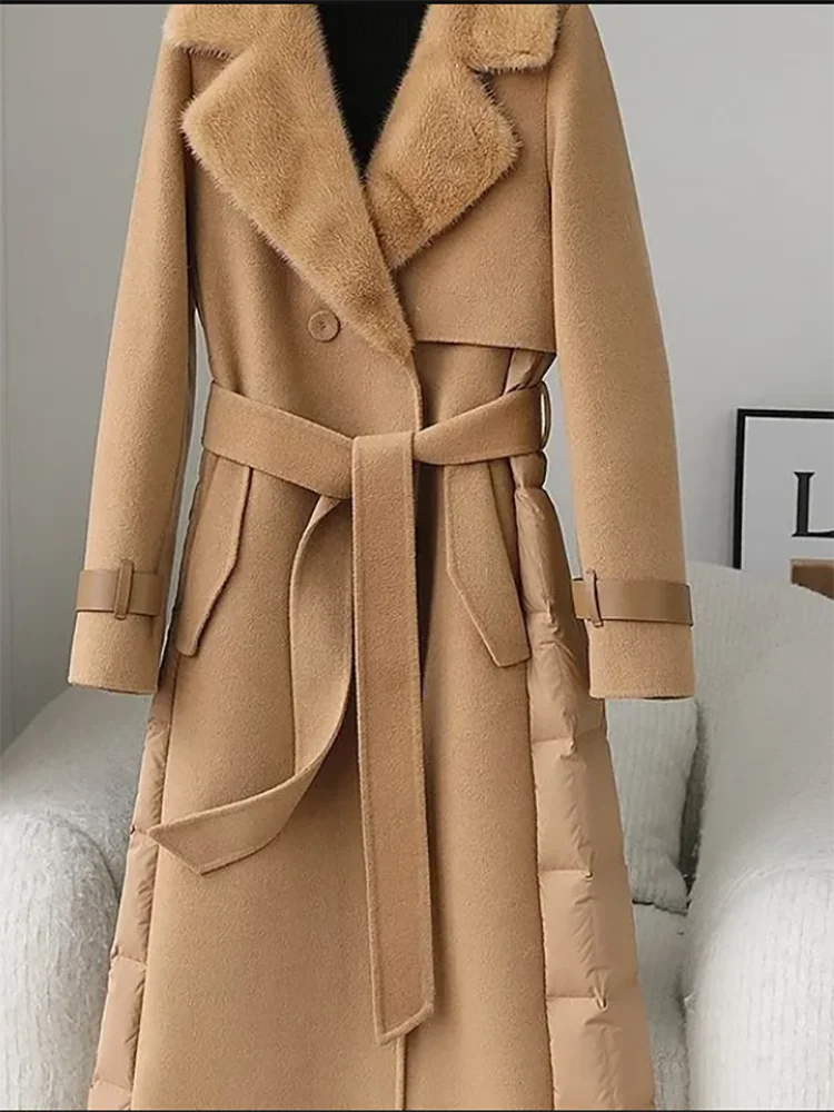 Fall Winter New Mink Collar Double-Sided Tweed Cashmere Jacket Women Overcoat Stitching Cotton Coat Long Woolen Trenchcoat Coat