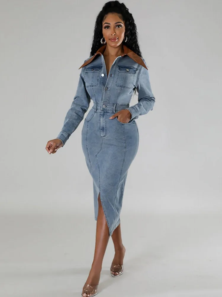 2024 Autumn Winter Fashion New Midi Dress Shirt Neck Pocket Pencil Dress Casual Elegant Temperament Single Breasted Denim Dress