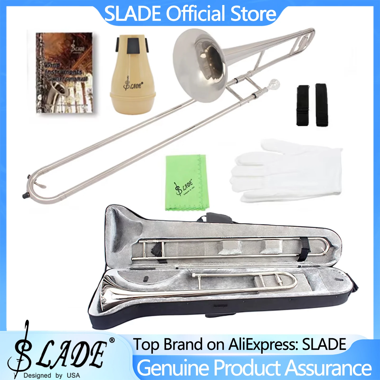 

SLADE Bb Alto Trombone Silver B Flat Brass Plated Trombone Instrument with Mouthpiece Gloves Cleaning kit Beginner Students
