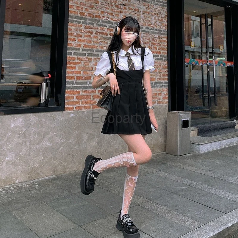 New Women Kawaii Preppy Style High Waist Sleeveless Strap Dress Korea Fashion Jk Uniform Shirt Skirts Black Pleated Mini Dress