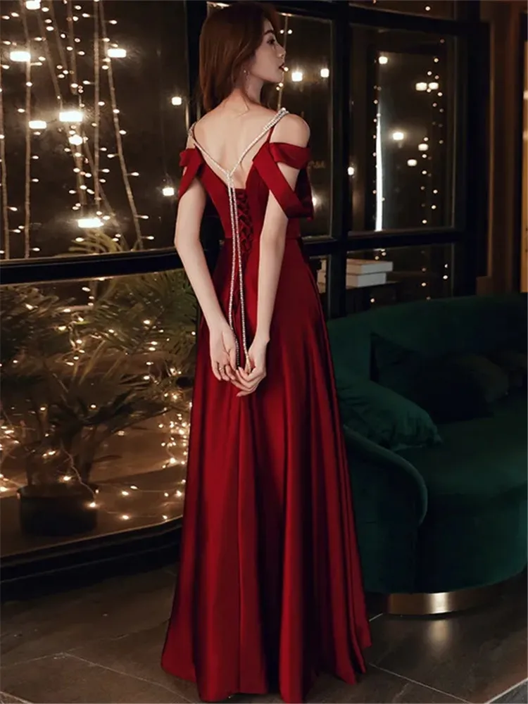 Elegant Dress Wine Red Solid Color Bow Diamond Long A-line Skirt Temperament Evening Gown M034