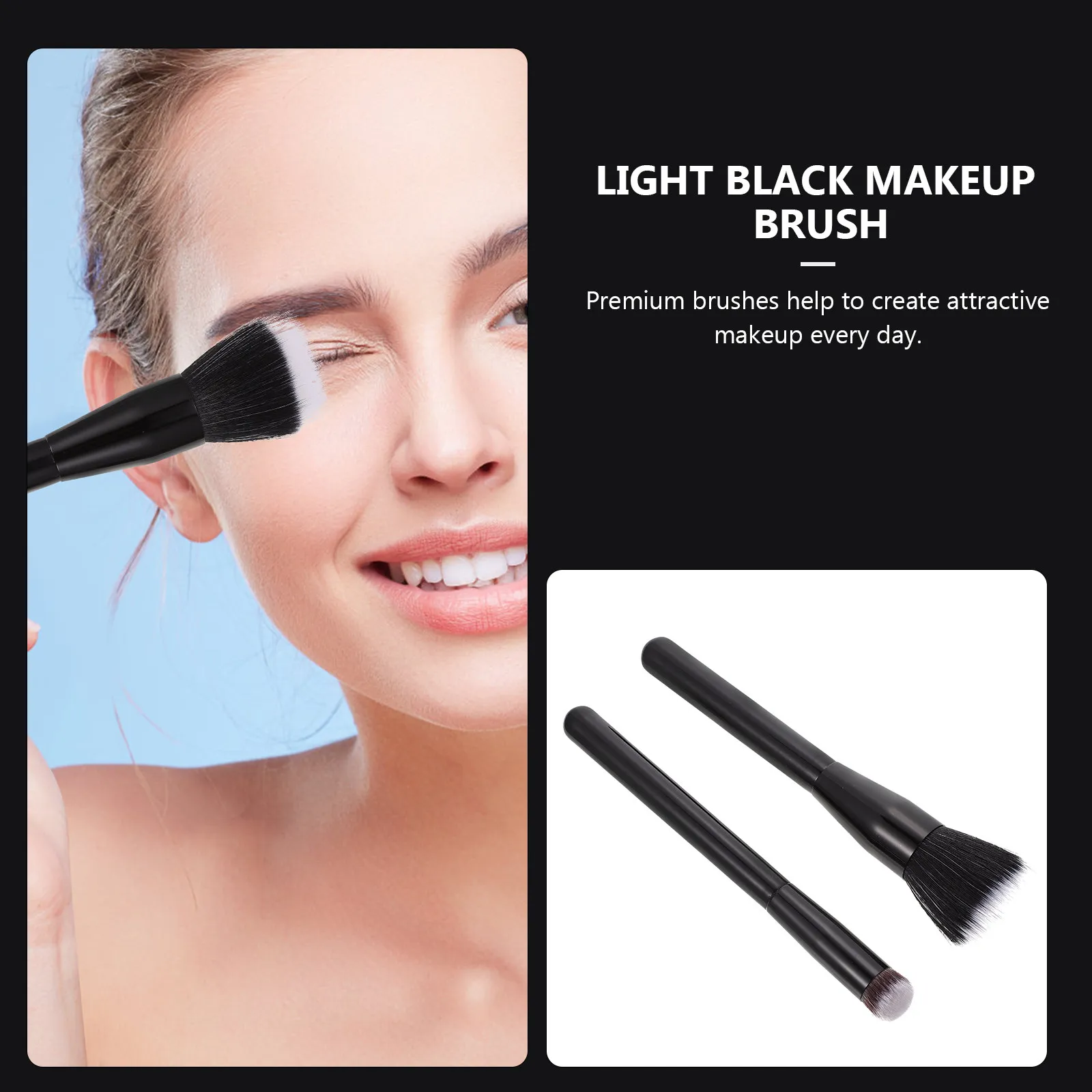 2Pcs Black Flat-Head Double-Layer Artificial Fiber Stippling Blush Brush for Natural Powder Blend Smooth Wooden Handle