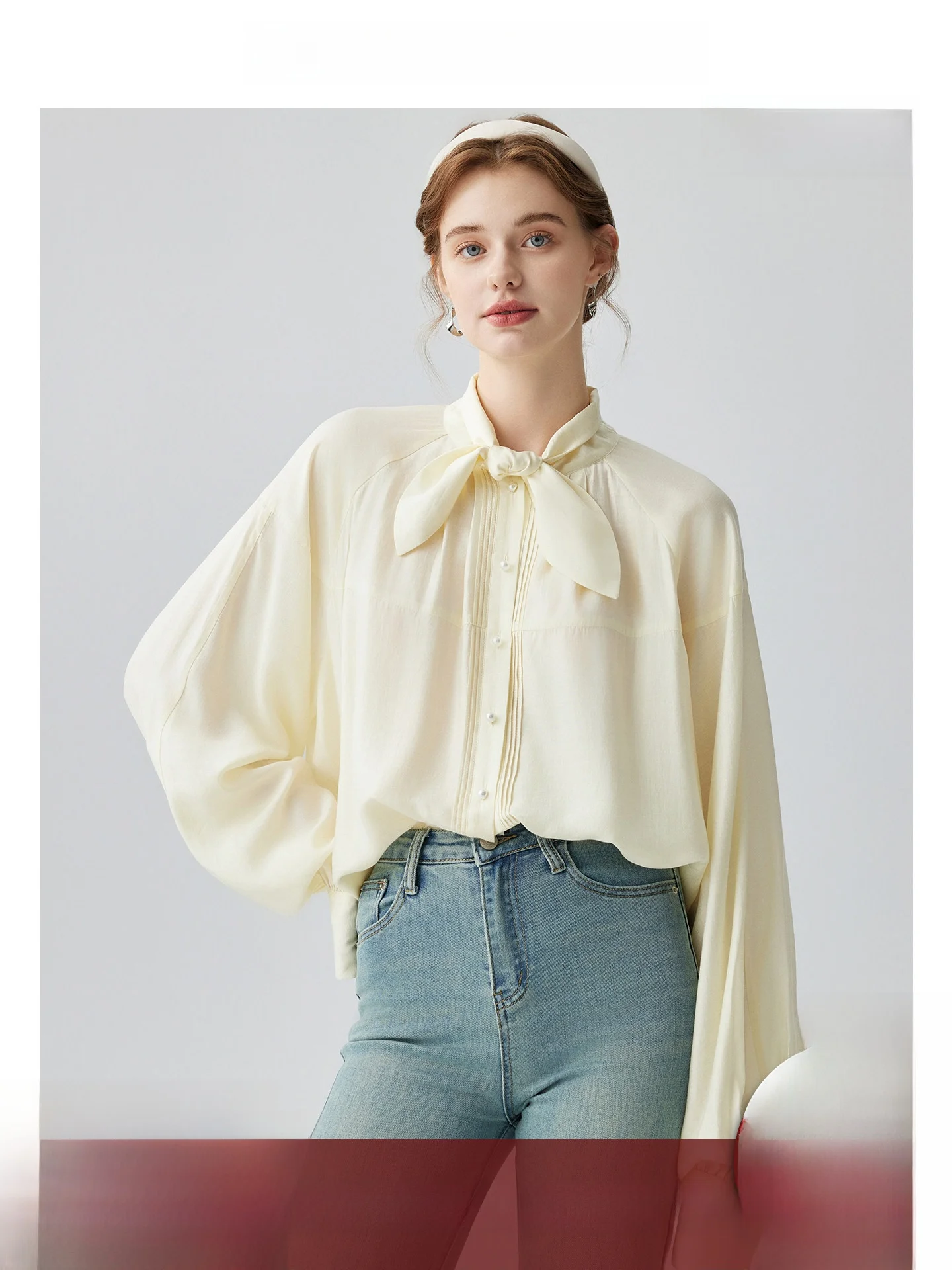 

Женская блузка с длинным рукавом, весна 2026, новый дизайн, с завязками, бисером, для офиса, в французском стиле, прямого кроя