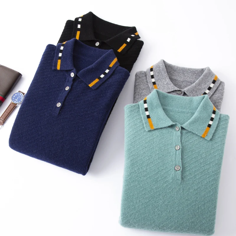 

Autumn And Winter New High-End Men's 100% Pure Wool Knitted Bottoming Long Sleeve Shirt Collar Casual Sweater