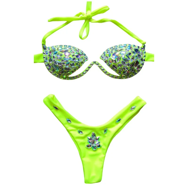 

Black Halter Bandage Rhinestones Bikini Pole Dancing Costume DJ Dancer Women Nightclub Bar Sexy Stage Catwalk Costume Swimsuit