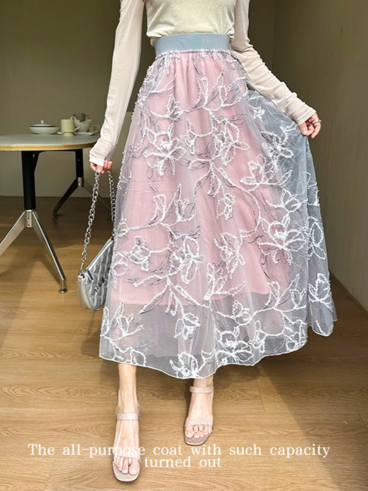 Smthma 2025 nova primavera/verão bordado a linha saia feminina emagrecimento cintura elástica emenda saia de comprimento médio