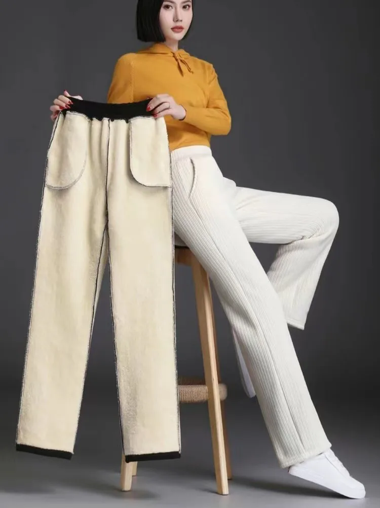 Calça de perna larga feminina, calça folgada coreana, mais veludo, tamanho grande, elegante, inverno, 2022