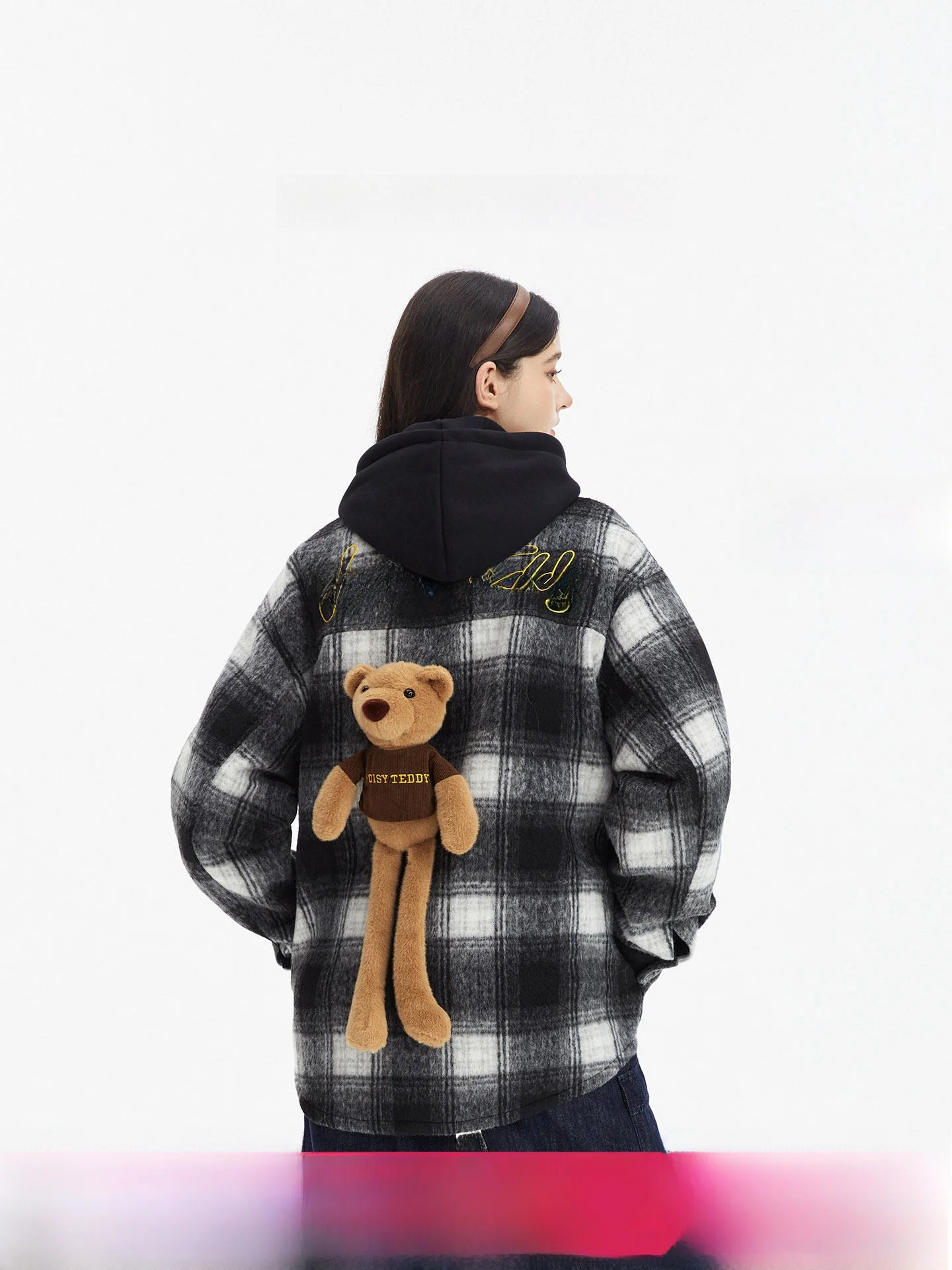 

Classic Retro Plaid Long Sve Cotton Jaet Women's Sweet Teddy Bear 3D Print Hooded Zipper Closure Winter Outerwear