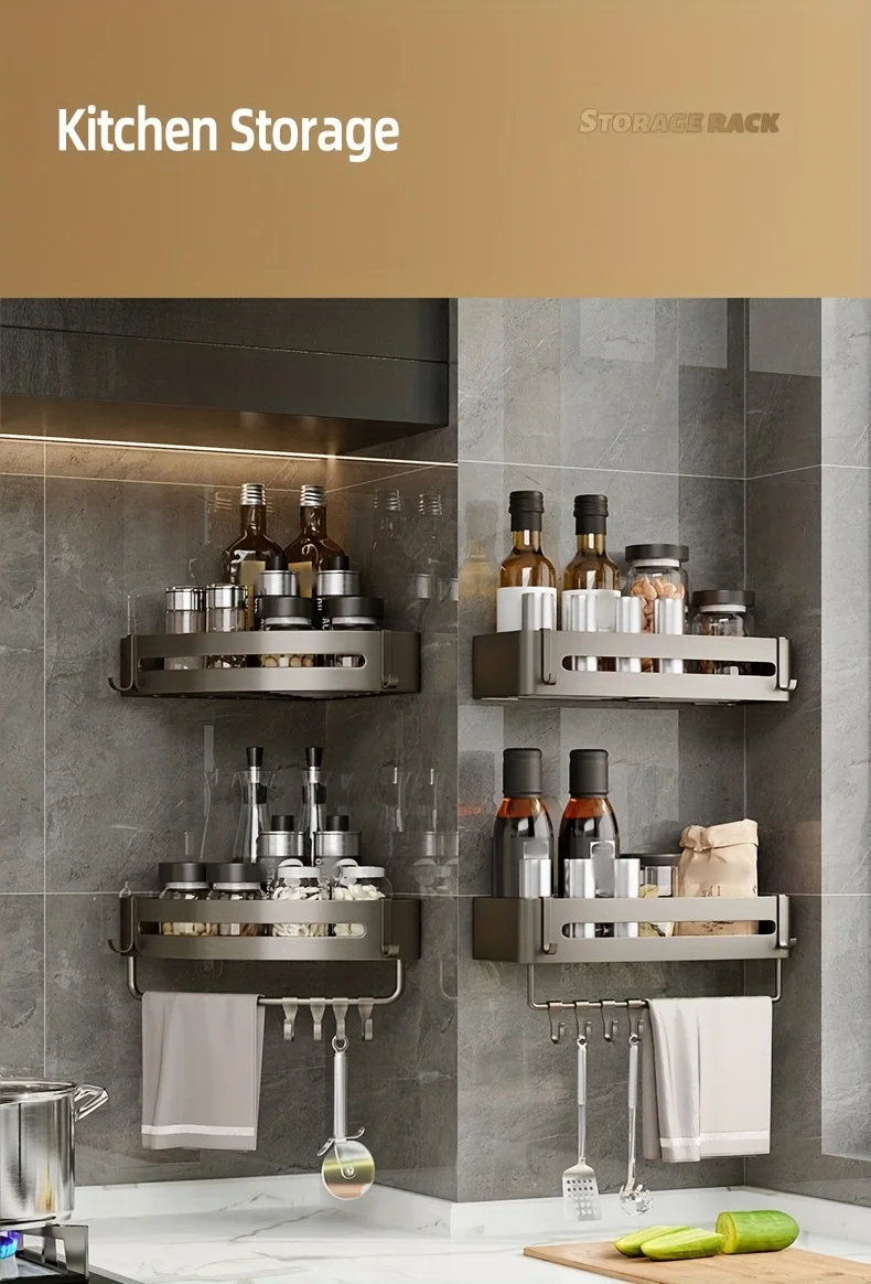 1 Stück nicht bohrendes Aluminium-Badezimmer-Aufbewahrungsregal – an der Wand montiertes Eckregal zur Aufbewahrung von Badezimmer-Shampoo-Duschgel-Kosmetik – Detail 16