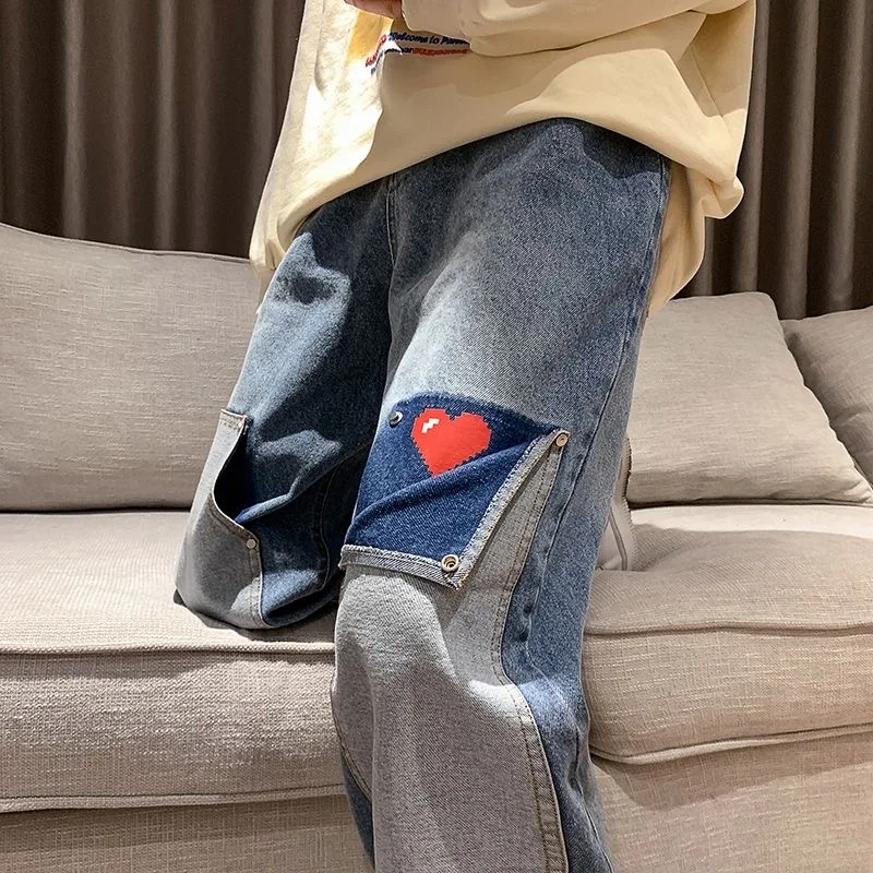 Jeans Men Design Heart Patchwork Wide Leg Autumn Korean Fashion Oversize Handsome Clothing All-match Harajuku Vintage College