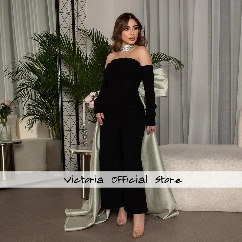 

Customized Strapless Black Jersey Evening Dress Big Bow Watteau Train Prom Dress Full Sleeves Ankle Length Party Gown For Women