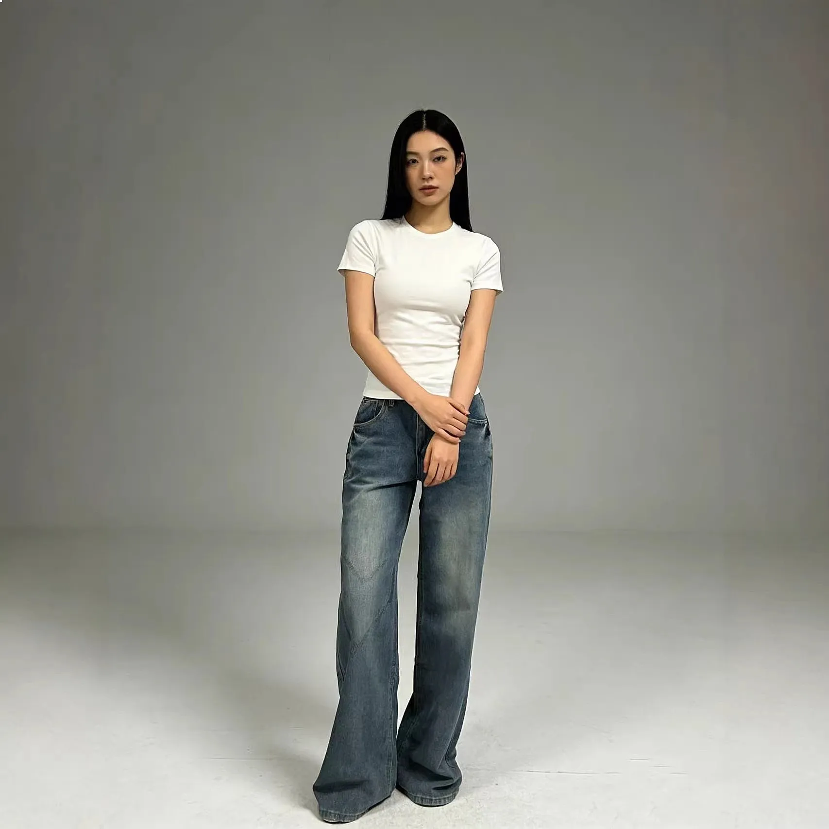Women's Straight Jeans Washed Cat Whisker Loose Denim Jean Pants Spring Summer