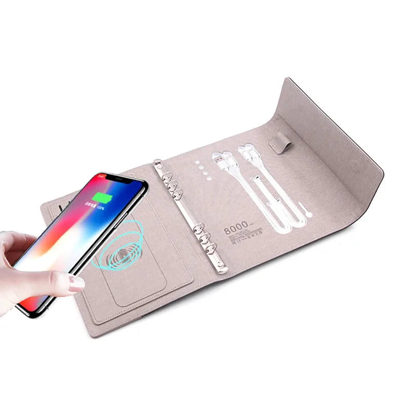 Multi-Function Notebook 8000mAh Wireless Charging 3-in-1 Cable and Card Slots A5 Clock Notebook for Business Office Travel