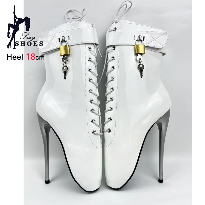 

Ultra high heels 18CM Thin heel Sexy Pointed Ballet Boots Women Fetish Lockable Padlocks Nightclub Club Shoes Gothic Ankle Boots