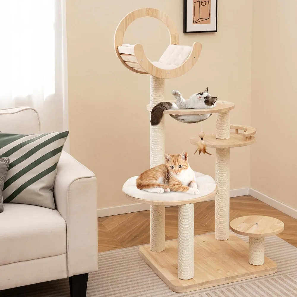 

Solid Wood Cat Tree, 4-in-1 Building Block Large Cat Tower with Space Capsule Nest, Scratching Posts, Padded Platform.