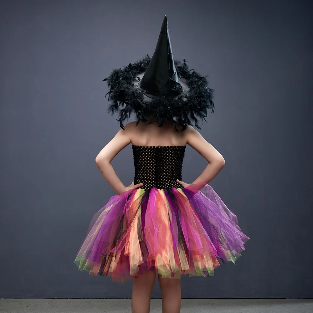 Theeper New Arrival Halloween Rainbow Tutu Dress Cool Style Flowy Skirt Feather Embellished Hat Pack Live Stage Performance Wear