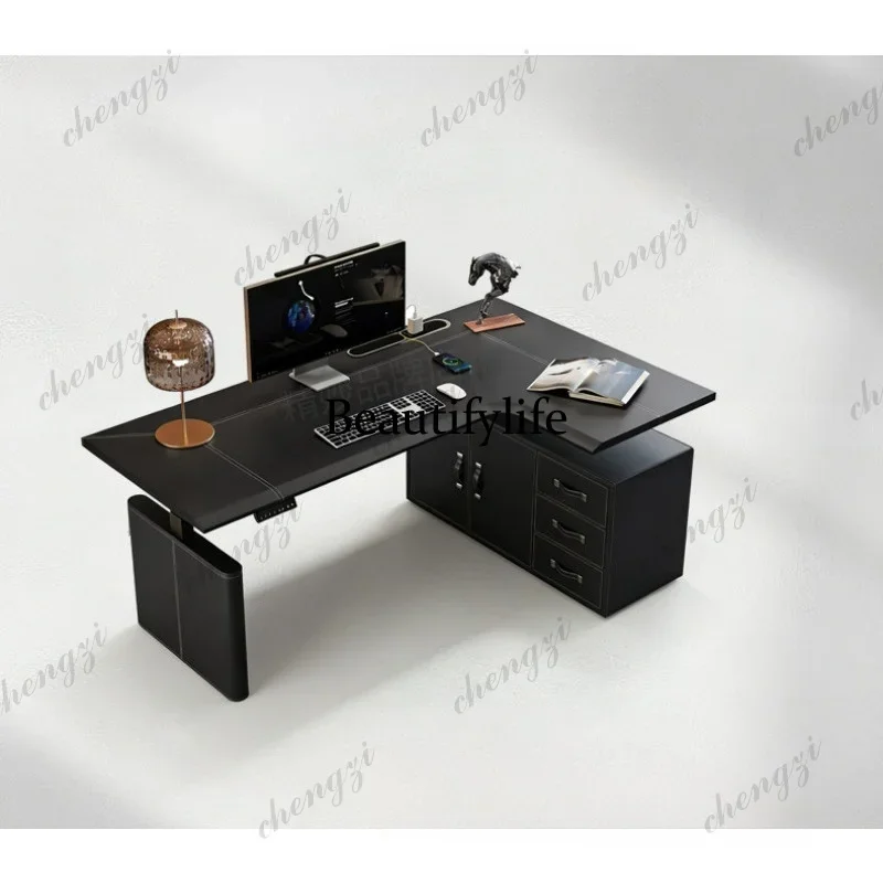Z138 Corner electric lift table L-type computer desk with storage saddle leather e-sports desk
