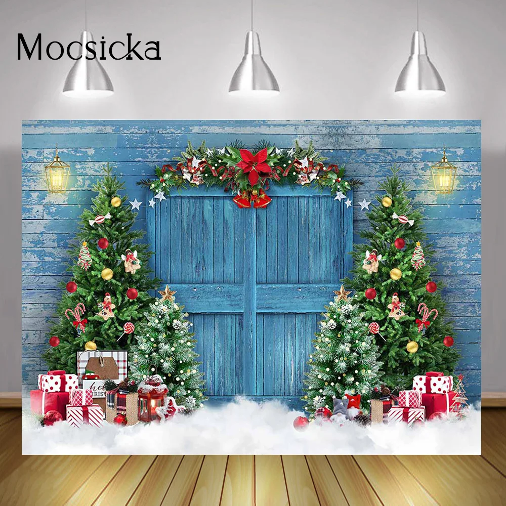겨울 소박한 문짝 메리 크리스마스 파티 배경, 크리스마스 트리 산타 선물, 가족 초상화 사진 배경, 눈 사진 촬영