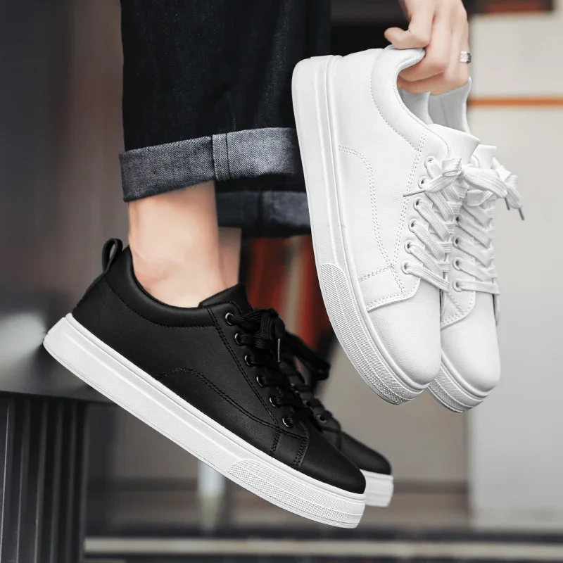 Solid Color White Black PU Leather Shoes for Men Sneakers Fashon Artificial Casual Luxury Platform Shoes Modne obuwie studenckie