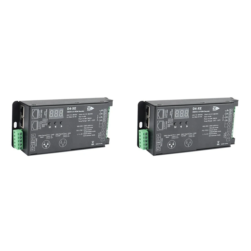 

2X 4CH D4-XE DMX Decoder Controller PWM Flicker Free Dimming 12V-36V Digital Display 2000Hz 500HZ For RGB LED Lights