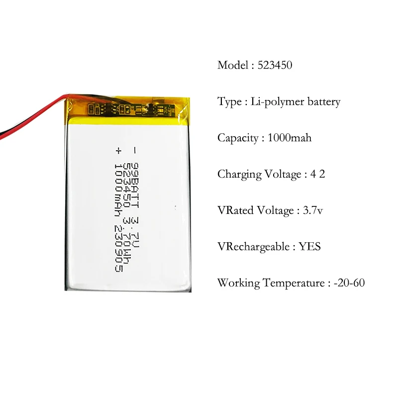 3.7V 1000mAh 523450 Akumulator litowo-polimerowy Akumulator litowo-jonowy do smartfona DVD MP3 MP4 Lampa LED
