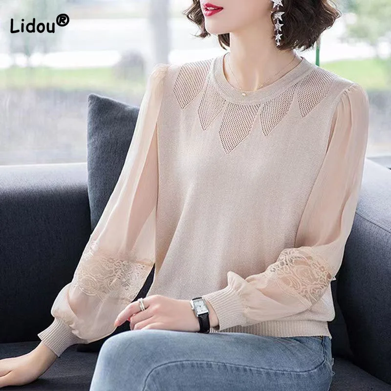 Women's Clothing Elegant Fashion Lace Patchwork Knitted T-shirt Hollow Out Chic Solid Color All-match Mesh Long Sleeve Tops