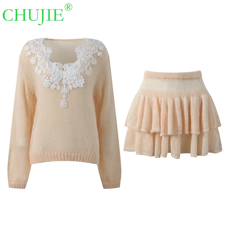 

CHUJIE Fall 2025 Вязаный комплект с французской кружевной отделкой, большой пуловер с v-образным вырезом и расклешенная юбка, мягкий стильный комплект из двух предметов