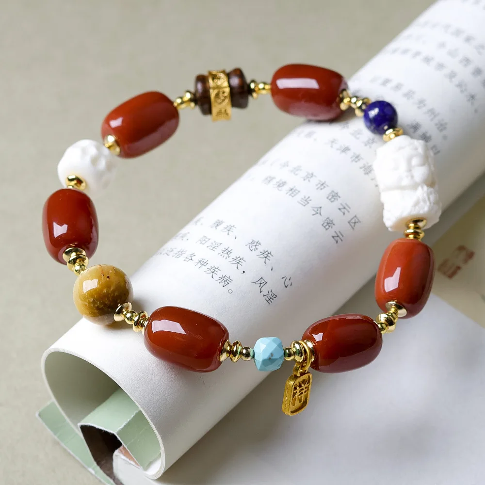 

Deer Angle Mother Lapis Lazuli Tiger Eye Stone with Nan Hong Agate Duo Bao Bracelet Cultural Games New Chinese Style Strings