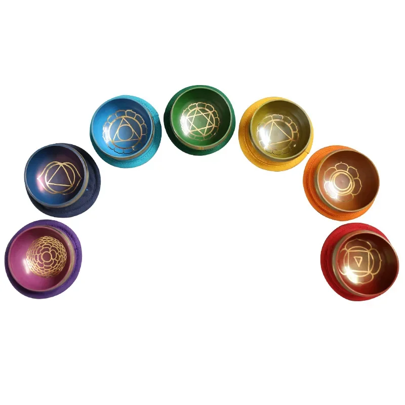 Seven Chakra Colors & Pulse Symbols Imprinted Tibetan Song Bowl Set Mat & PU Mallet