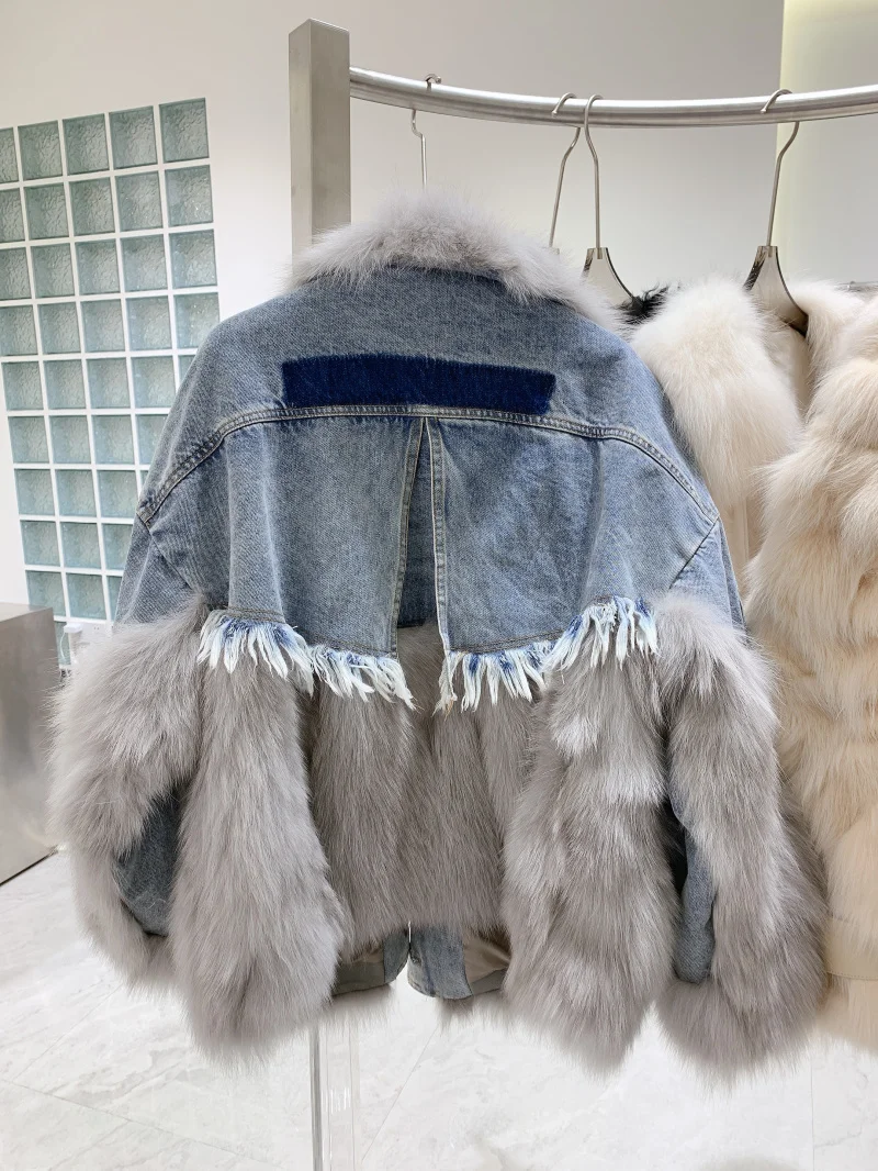 Fur Ins Natural Parka Fox Patchwork Women's Winter Jackets 2023 New Real Fur Coat Denim Jacket with Fur Jacket Female Outerwear