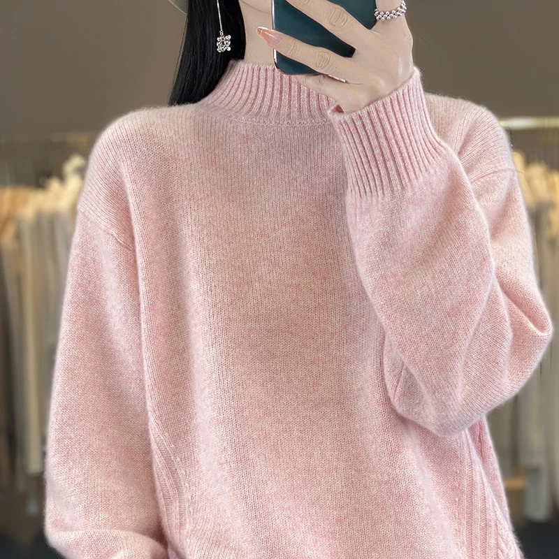 Side print Autumn/winter new 100% Merino wool cashmere sweater Women's semi-turtleneck pullover warm bottom knit shirt top