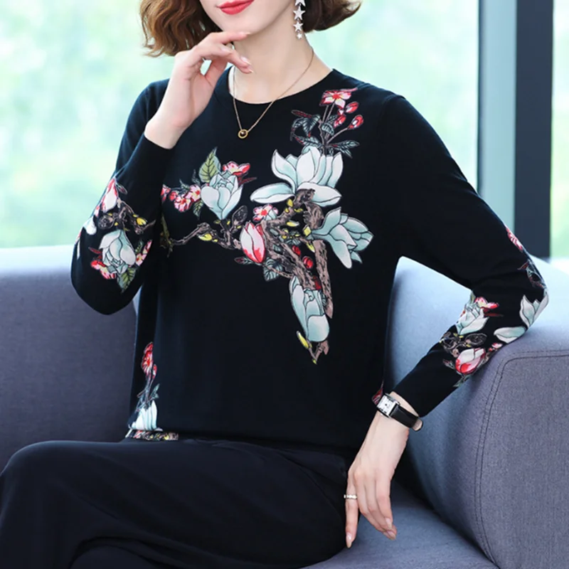 

2024 fall/winter new pullover long-sleeved hit color crane printing round neck knitted top women sweater