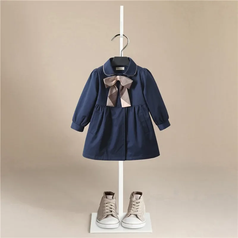 Teen Girls LongTrench Coats  New  Bow Striped England Style Windbreaker Jacket for Girls Spring Autumn Children's Clothing