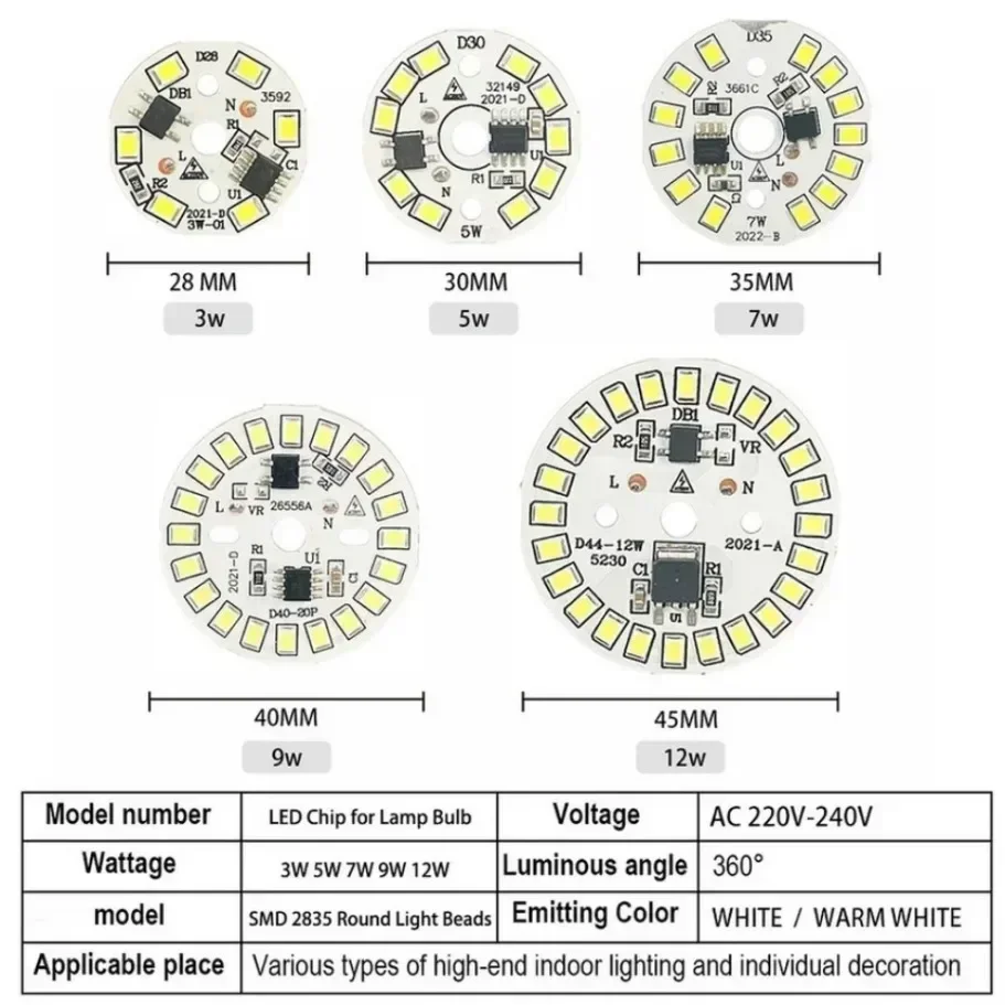 Chip LED do żarówki 3W 5W 7W 9W 12W 15W 18W SMD 2835 Okrągła żarówka LED Chip koraliki AC 220V-240V Oświetlenie Reflektor Żarówka Chip