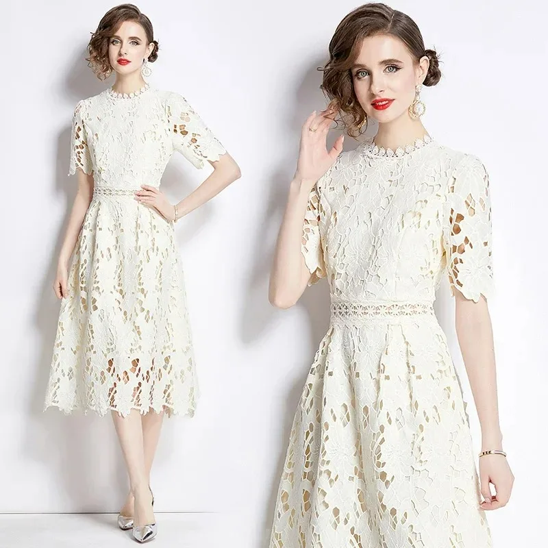 

2024 Summer White Lace Dress Women's Floral Embroidery Midi Prom Evening Gown Short Sleeve