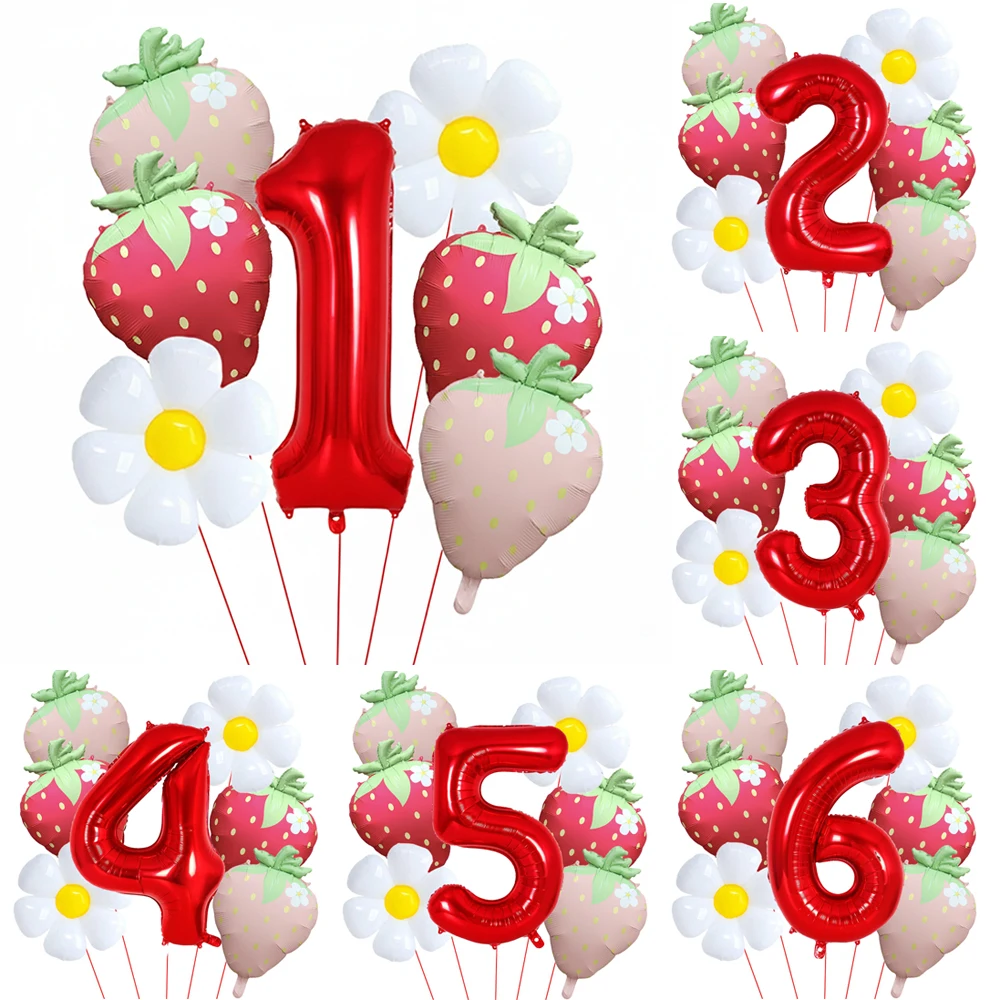 

7pcs Strawberry Theme Balloon Set Red Number 1-9 Foil Balloons Sweet Summer Girls Birthday Party Decoration Baby Shower Supplies