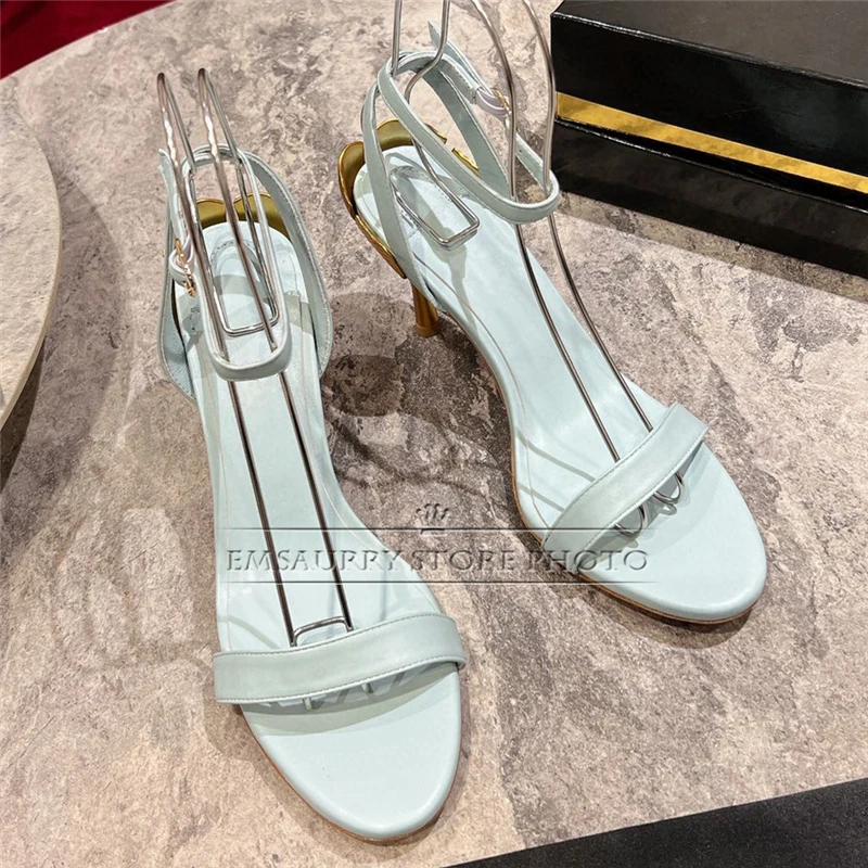 Sandali con tacco strano petaloide individuale donna scarpe da festa in stile conciso con un cinturino in vera pelle estate