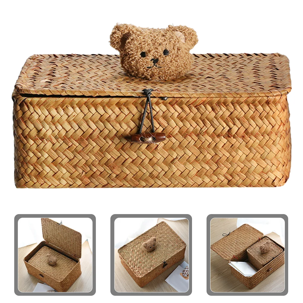 

Gift Boxes Creative Bear Straw Storage Desktop Makeup Organizer Basket Sundries Container Woven