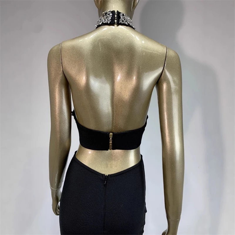 女性ブラックホルタークリスタル背中の開いたカットアウトロング包帯ドレス誕生日セレブイブニングクラブパーティーワンピースガラドレス